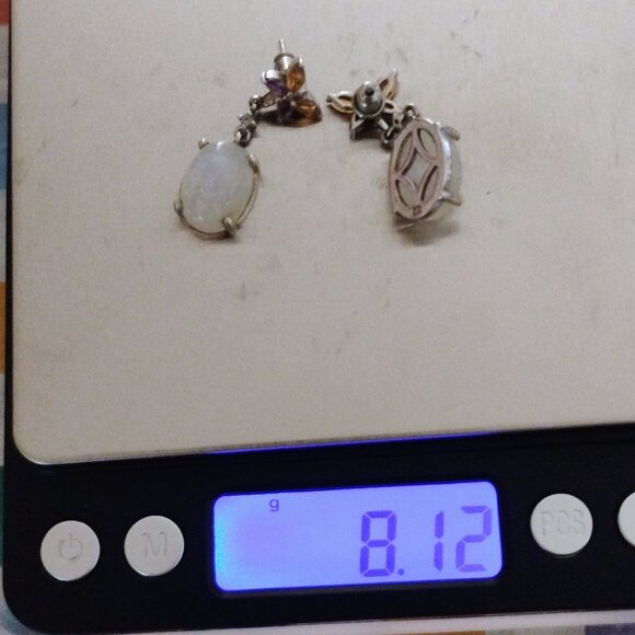 Moonstone and multi gem dangling earrings in sterling silver